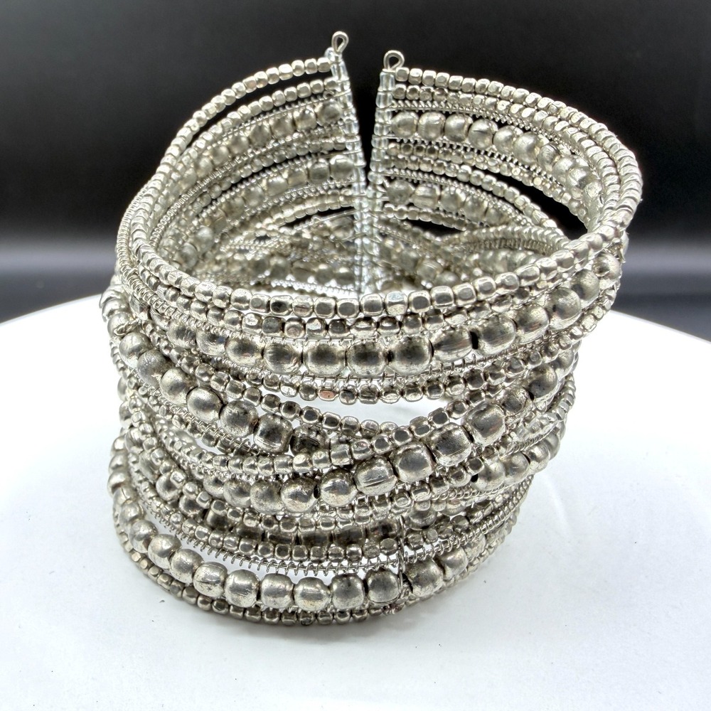 Silver Tone Multi Strand Beaded Wire Cuff Bracelet Boho Statement Festival Gift